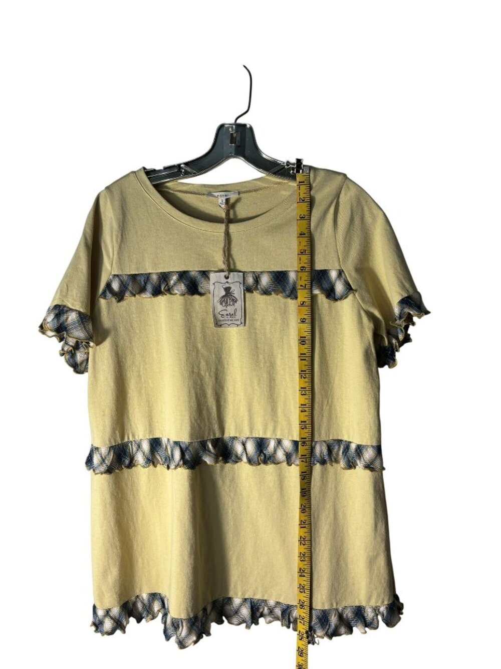 Easel Butter Yellow Short Sleeve Tunic Top With Plaid Ruffle Details Size S - Picture 5 of 9